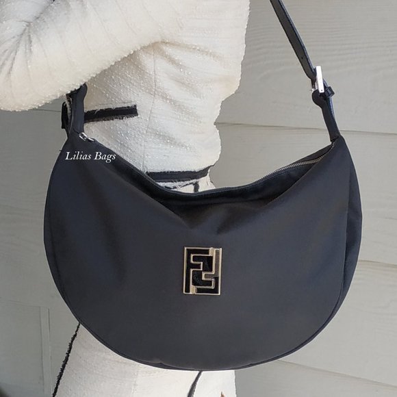 Fendi Handbags - Fendi Black Nylon Logo Moon Shape Hobo Bag
